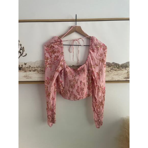 NWT Free People Hilary Pink Floral Long Sleeve Crop Top XS Tie Front Blouse - Picture 7 of 9